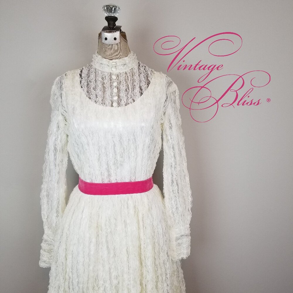 Darling Vintage 1960's Juniors Cream Lace Party Dress with Pink Velvet Sash